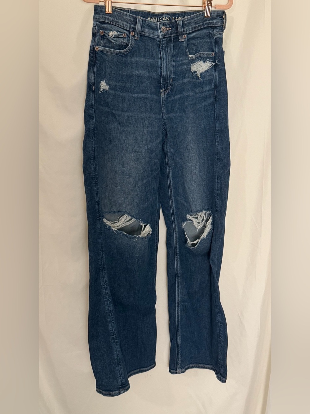 AE American Eagle Super High Waist Baggy Wide Leg Distressed Jeans Dark Blue 4